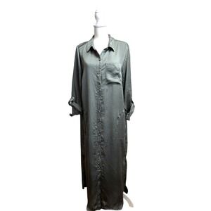DKNY silky parachute button down maxi shirt dress Roll Tab Sleeves L